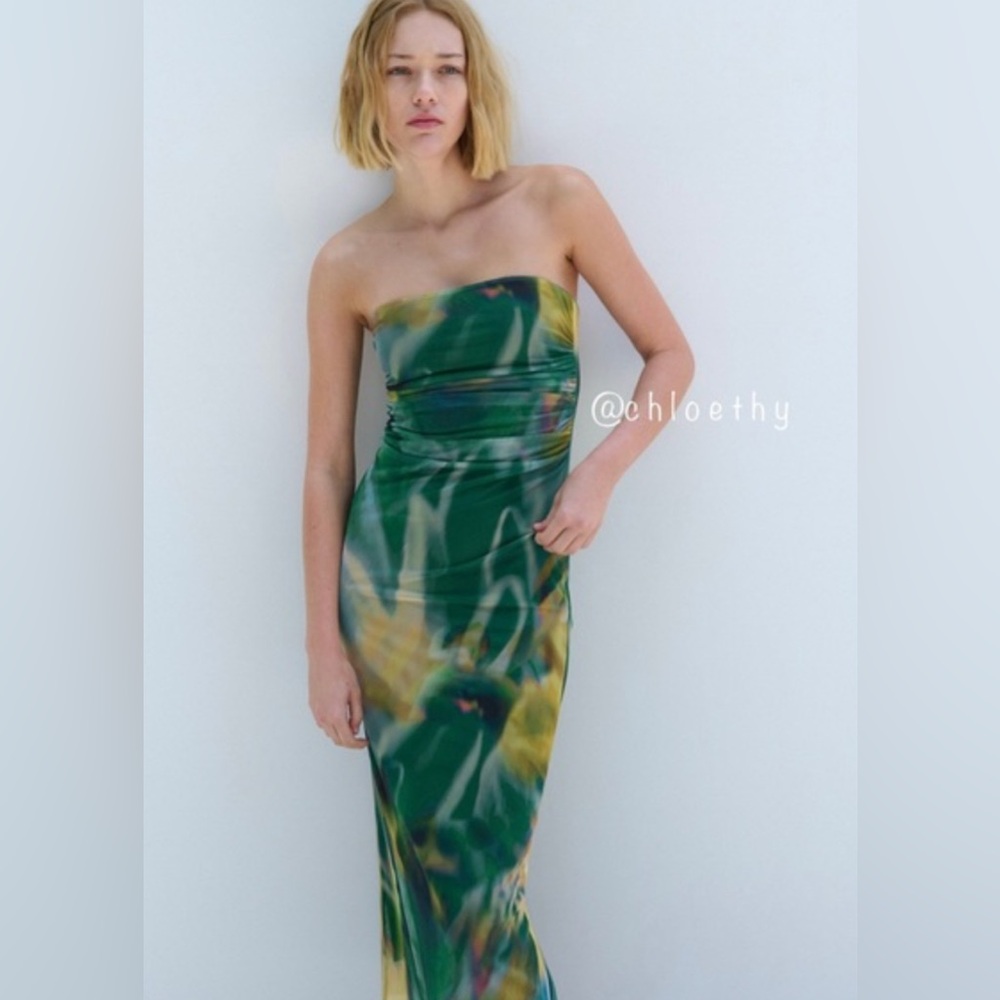 Zara Printed Tulle Mesh Strapless Midi Dress